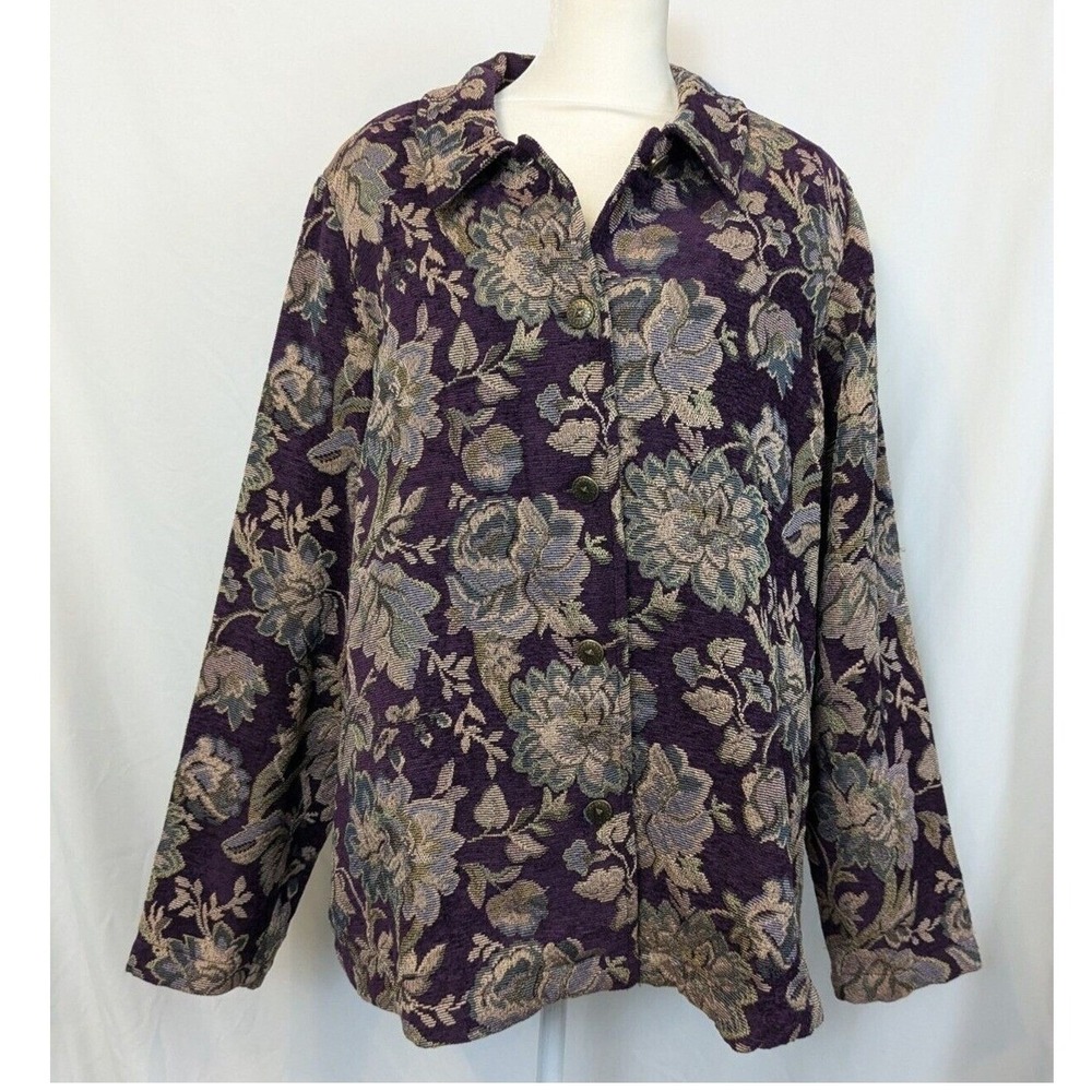 Susan Graver Womens XL‎ Floral Tapestry Jacket Purple Button Front art to wear